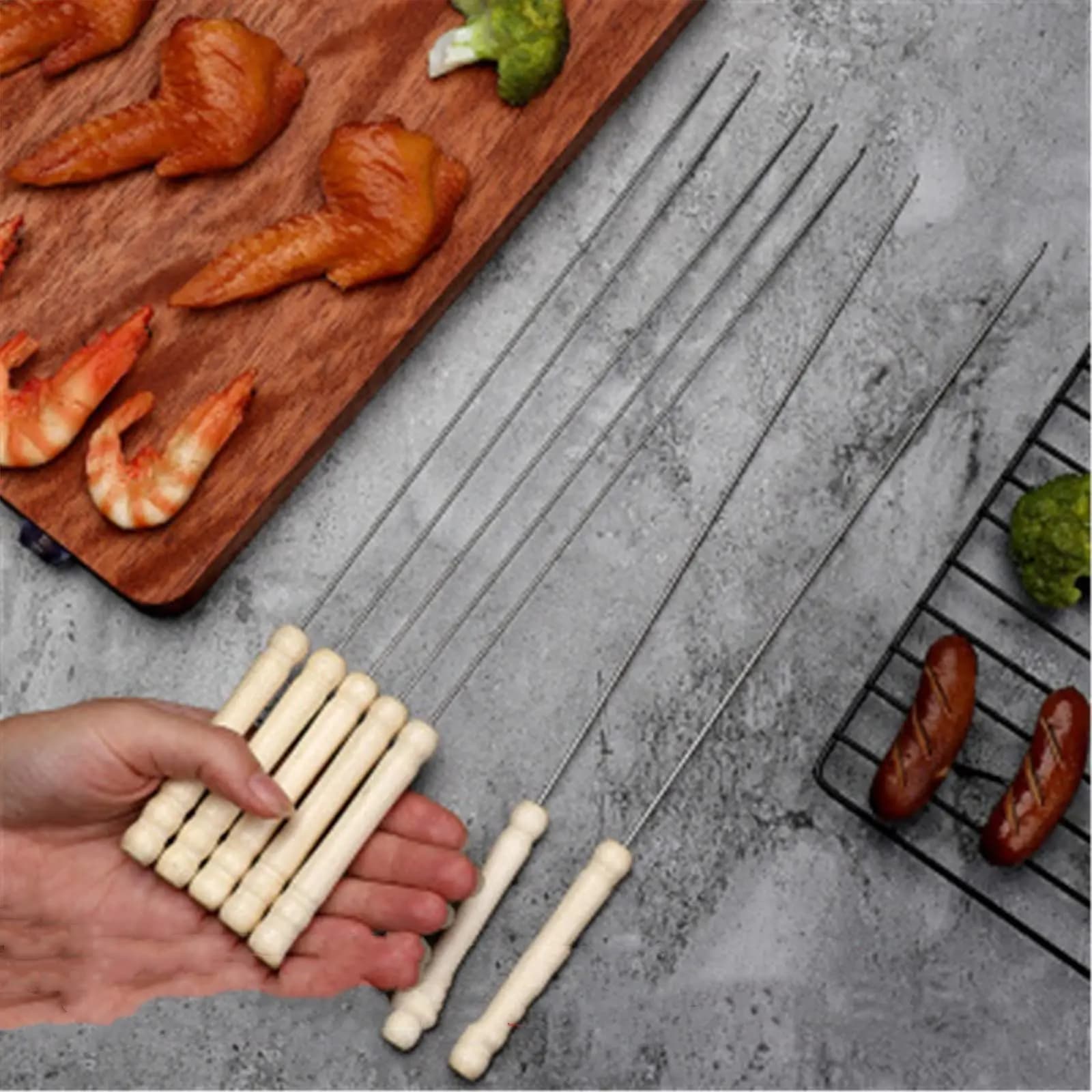 Conjunto de 10/15/20 espetos de aço inoxidável com cabos de madeira para churrasco ao ar livre