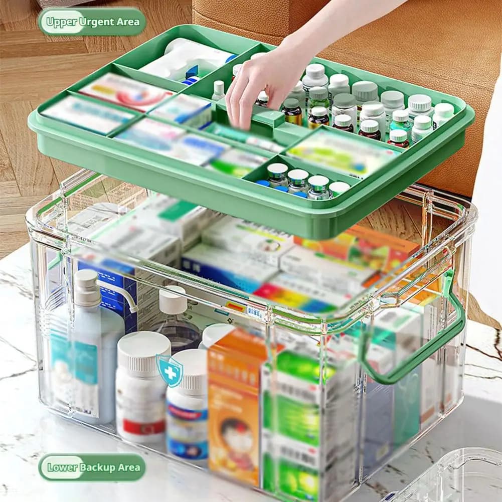 Caixa de Armazenamento de Medicamentos Transparente com Bandeja, Organizador Portátil de Primeiros Socorros, Caixa Organizadora Multifuncional para Emergências Familiares