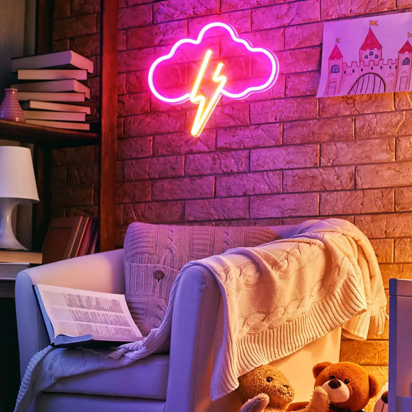 Luz de néon decorativa em formato de nuvem com raio amarelo LED para ambiente aconchegante