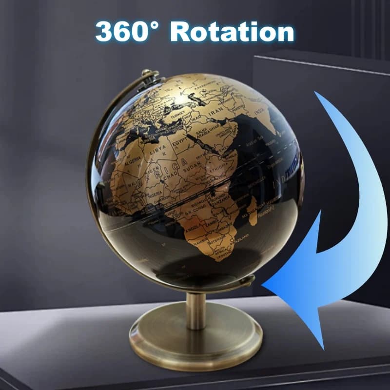 Globo terrestre decorativo preto e dourado com rotação 360 graus, base metálica elegante
