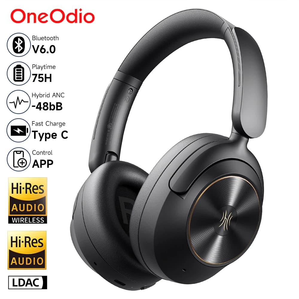 Fones de ouvido Oneodio A6 ANC com cancelamento de ruído ativo, Bluetooth V6.0, preto