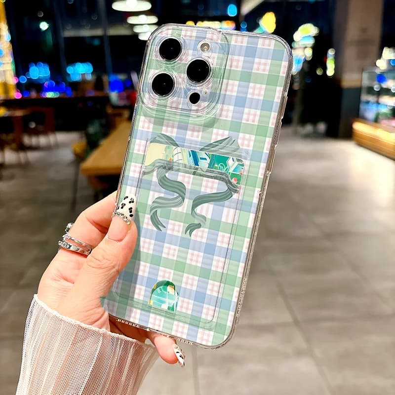 Capa transparente para Poco Xiaomi com estampa xadrez verde e azul, carteira integrada para celular