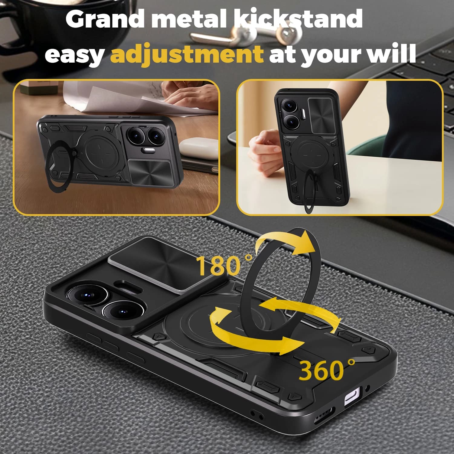 Capa armadura preta para Xiaomi Poco C71 Turbo 4 Pro com suporte metálico ajustável 180 e 360 graus