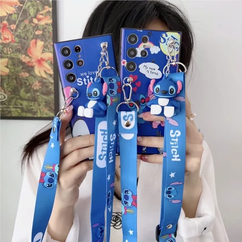 Duas capas de telefone azul Disney Stitch 3D com cordão antichoque para Xiaomi Poco, detalhes em silicone