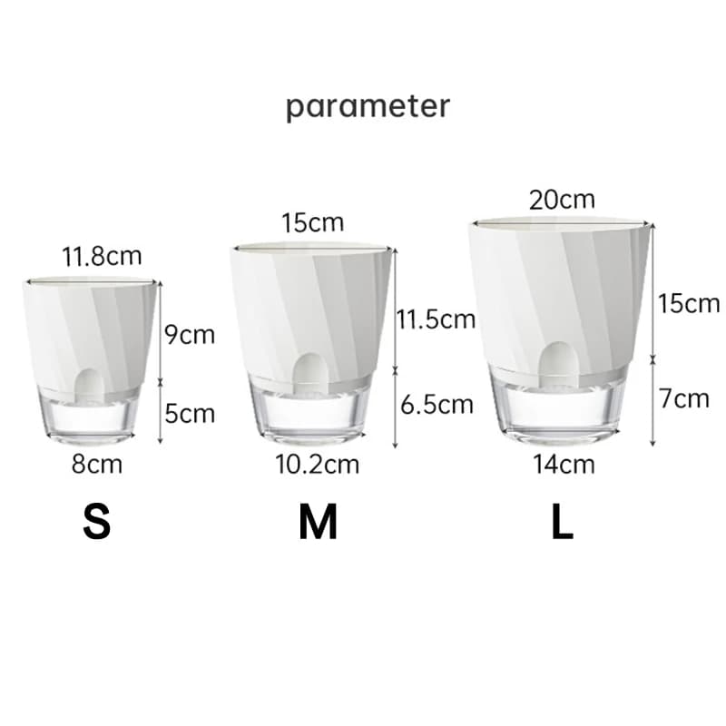 Dimensões dos vasos hidropônicos autoirrigáveis em plástico transparente tamanhos pequeno médio e grande