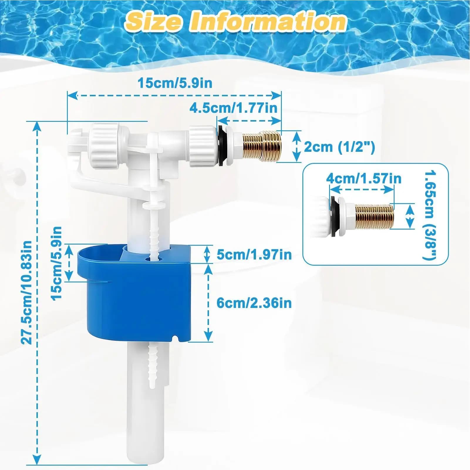 Dimensões da válvula de descarga branca e azul para vaso sanitário com conector de latão