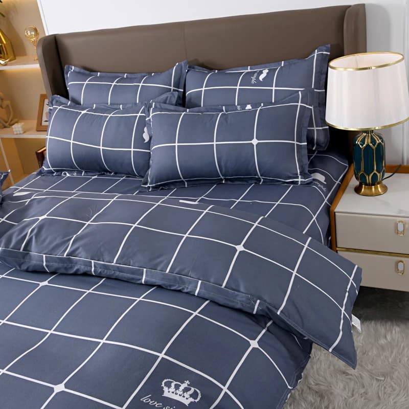 Roupa de cama azul marinho 4 peças full com estampa quadriculada branca e almofadas decorativas