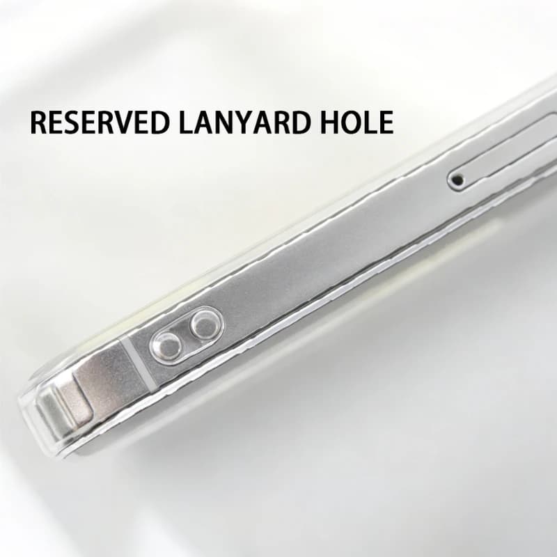 Detalhe lateral da capa para celular com furo reservado para cordão lanyard transparente