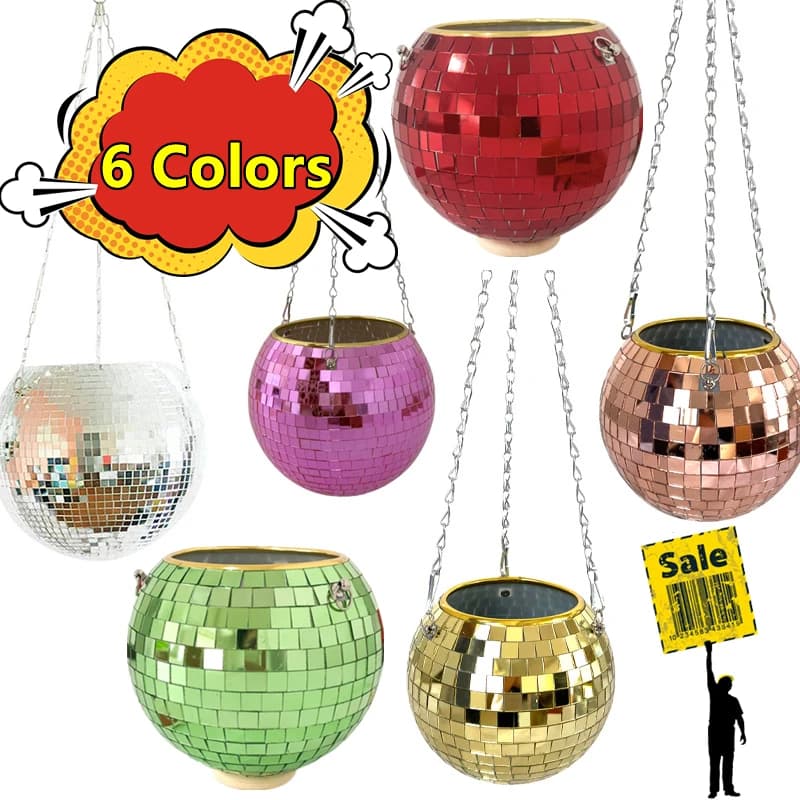 Vasos de flores pendurado estilo discoteca em seis cores diferentes: prata, vermelho, roxo, verde, dourado e bronze.