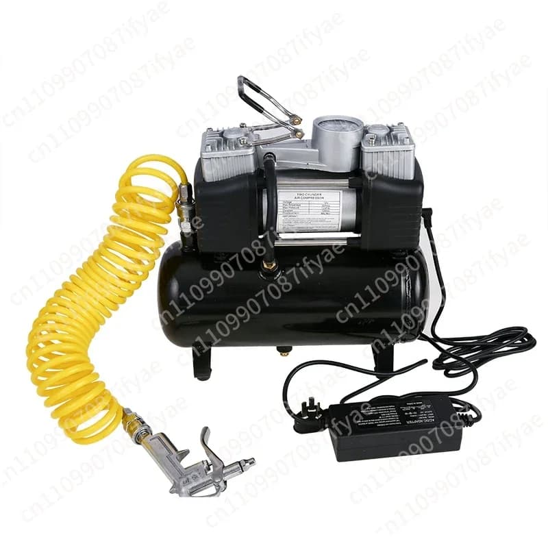 Mini compressor de ar preto com tanque e mangueira amarela, portátil e elétrico.
