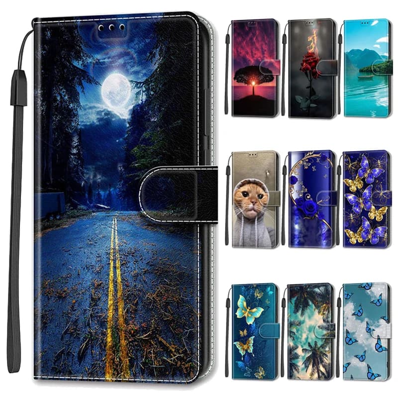 Capa de carteira de couro com estampa de gato e estrada noturna para Xiaomi Redmi.