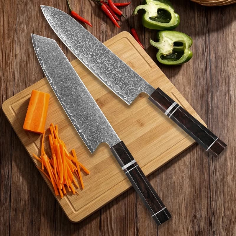 Conjunto de facas de cozinha com cabo de ébano e lâminas de aço damasco japonês