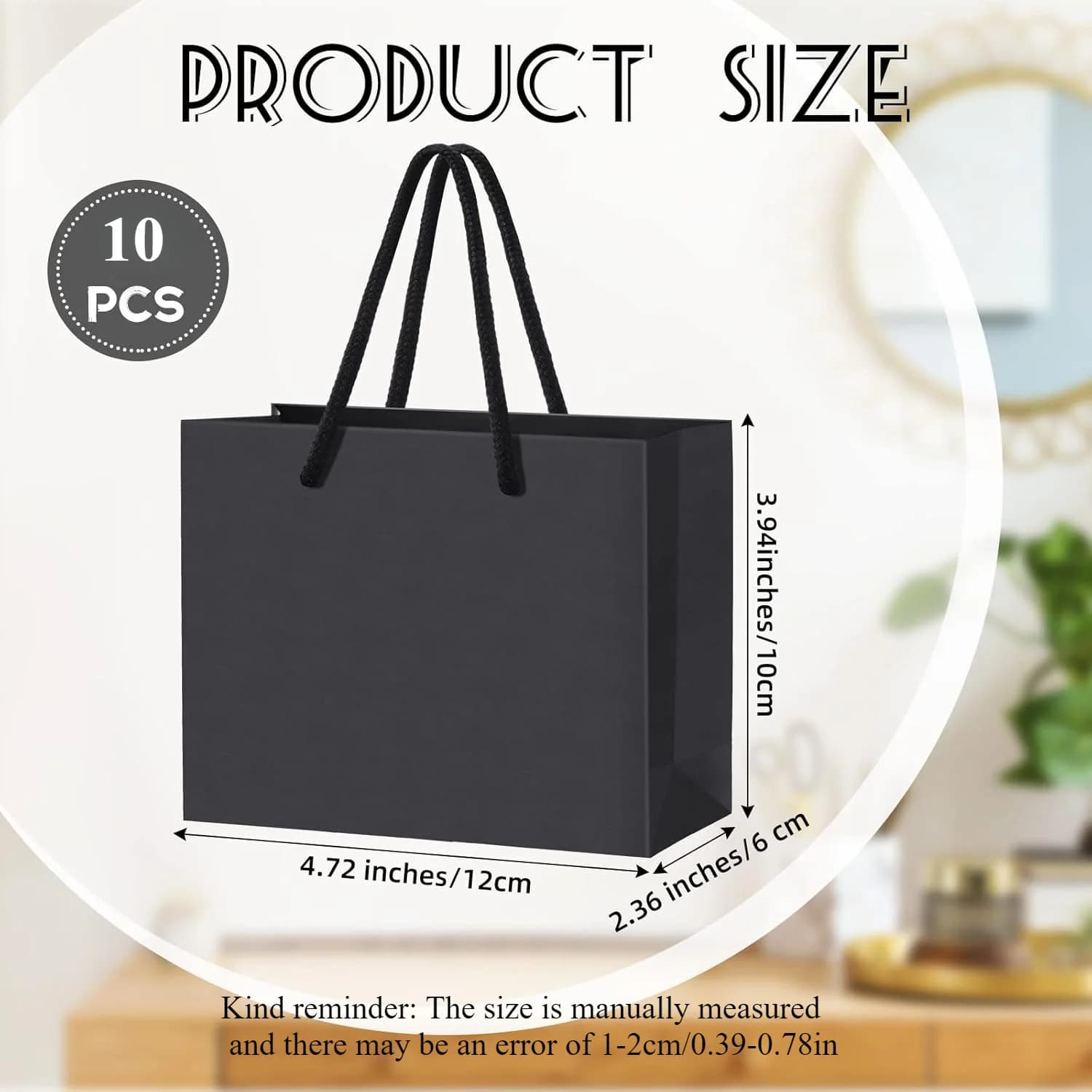 Saco de presente de papel preto com alças, tamanho 12x10x6 cm, pacote com 10 peças