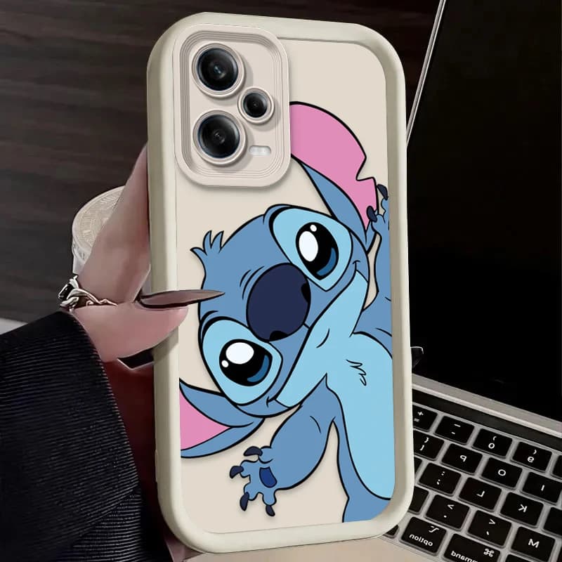 Capa para celular bege macia infantil com estampa Disney Stitch feliz para Xiaomi Redmi e Poco 4G/5G