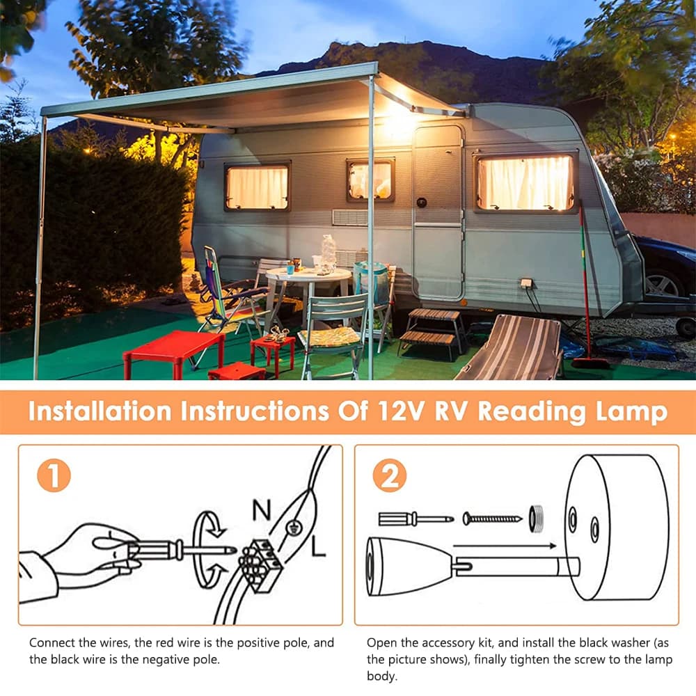Instruções de instalação da luminária de leitura LED 12V prata para RV e camper com diagrama de conexão de fios