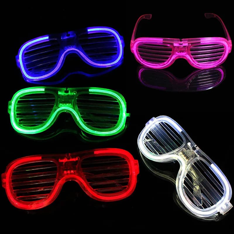 Kit óculos de festa LED neon em cores azul, rosa, verde, vermelho e branco com design de persiana