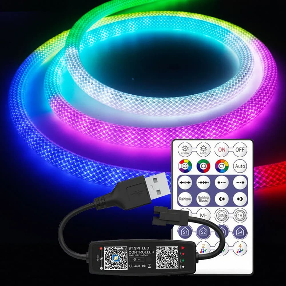Ws2811 tira conduzida de néon reticulada redonda 360 graus inteligente rgbic fita de luz de silicone flexível à prova dwaterproof água e kit controlador de 28 teclas