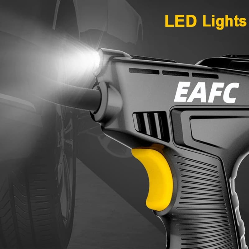 Bomba de ar inflável para pneus de carro EAFC, portátil e digital, com adaptadores coloridos.