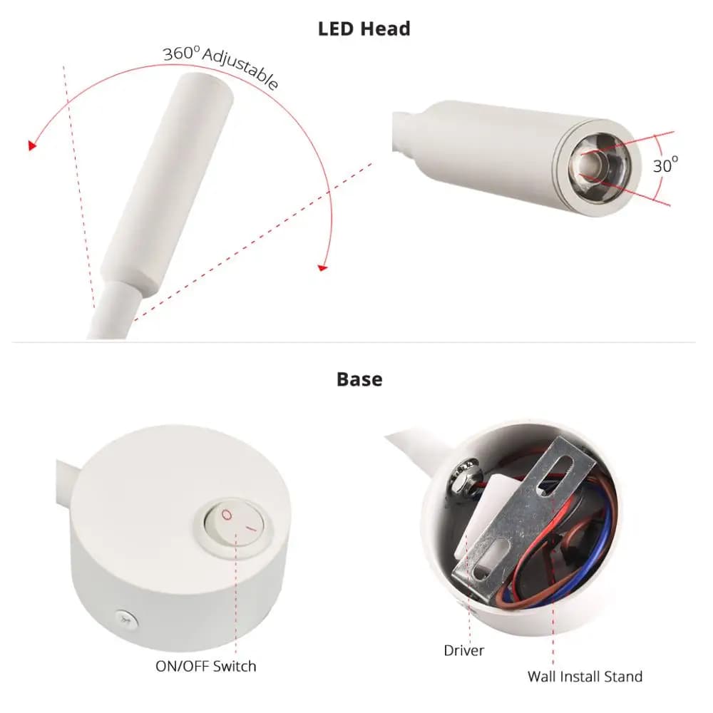 Lâmpada de parede LED de 3W, branca e preta, com design curvo e botão de ajuste na base.