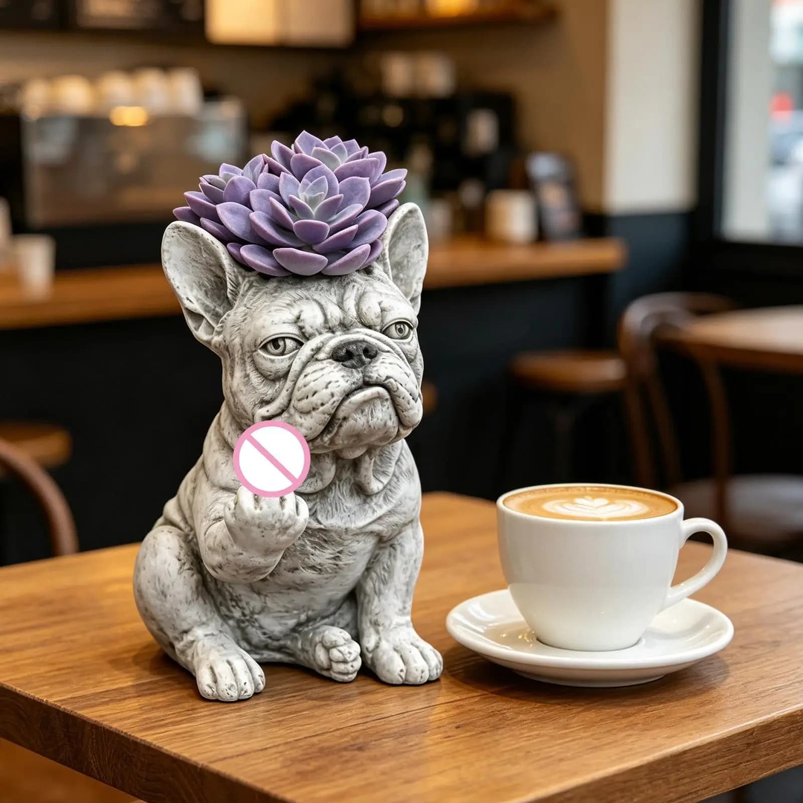 Vaso bulldog francês cinza com suculenta roxa ao lado de xícara de café em mesa de madeira