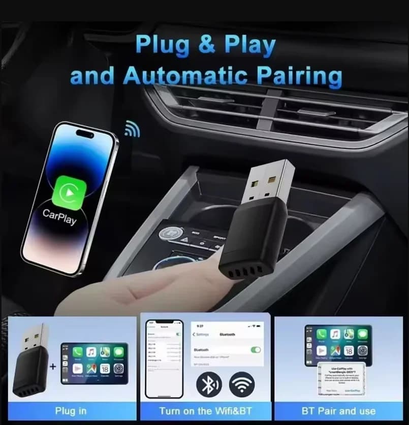 Dongle USB inteligente sem fio para CarPlay e Android Auto, preto e branco, plug and play.