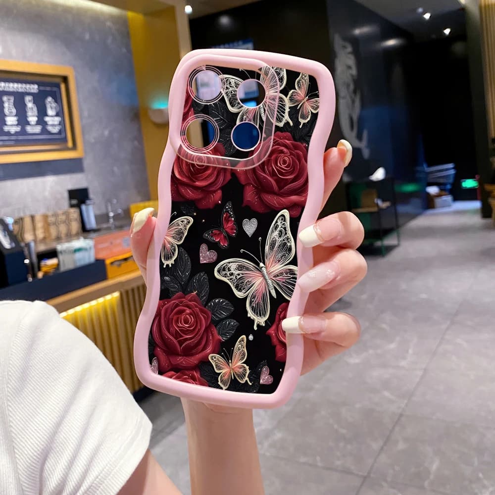 Capa rosa para Xiaomi Redmi Note 14 com estampa de rosas vermelhas e borboletas em estilo elegante