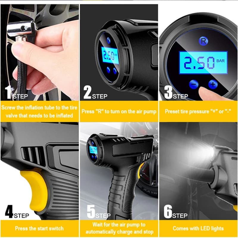 EAFC Compressor de ar portátil para carro 120W Bomba inflável sem fio/com fio Bomba de ar Digital Máquina infladora de pneus de carro para bicicleta de carro