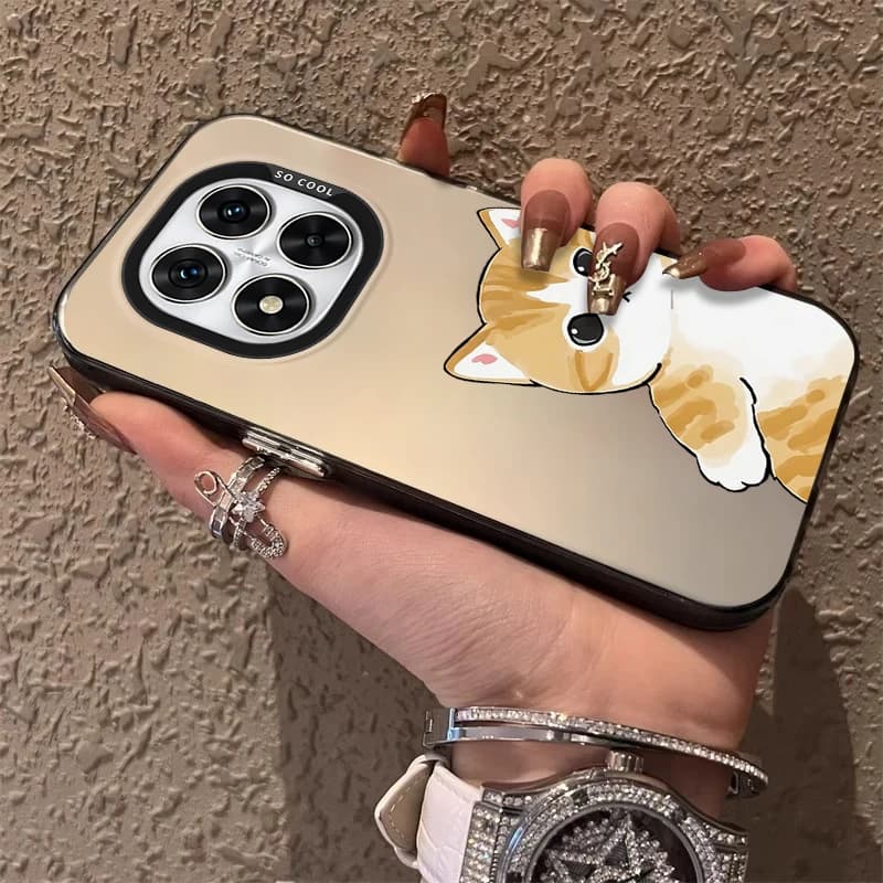 Capa acrílica fosca bege para Xiaomi Redmi Note 14 com estampa de gato laranja fofo