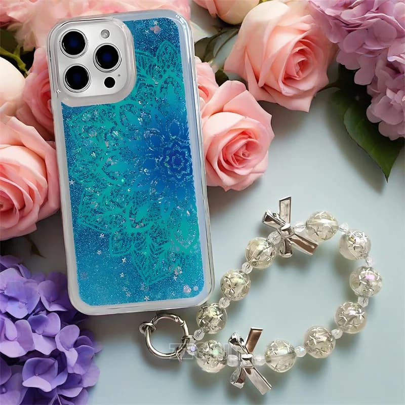 Capa de celular transparente para iPhone 11 com padrão de mandala azul e branco