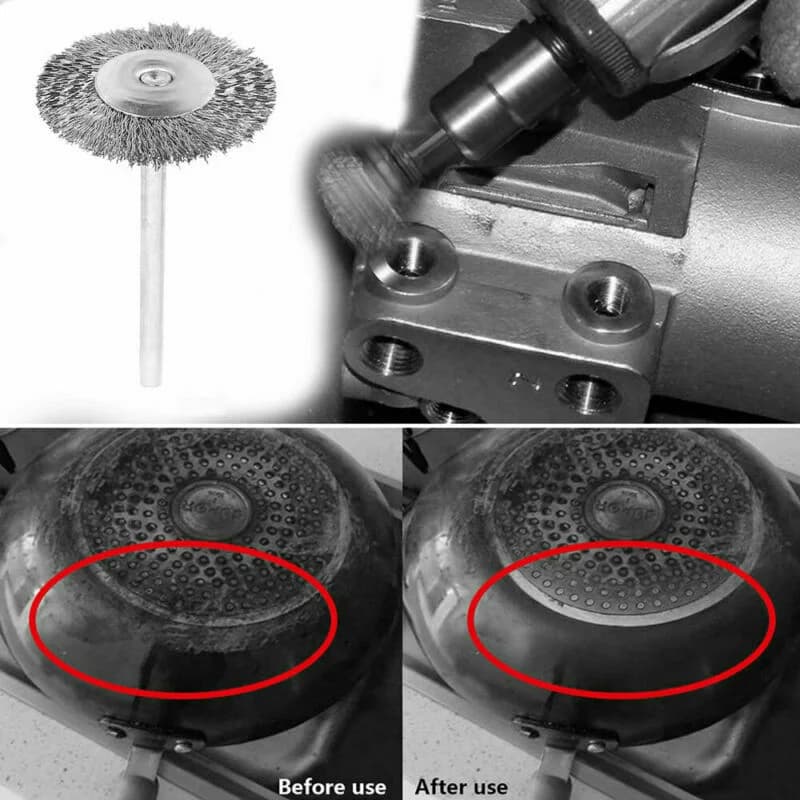 Antes e depois do uso da escova de arame Dremel para limpeza e polimento de superfícies metálicas