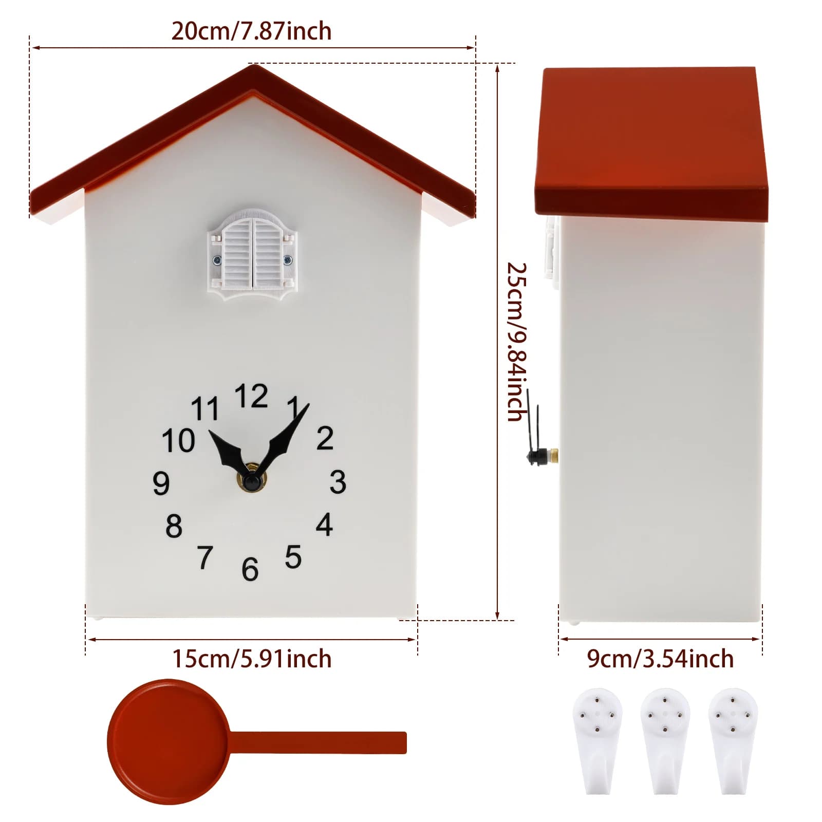 Relógio de parede cuco branco com tampa vermelha, medidas 25x20x9 cm e pêndulo, design moderno