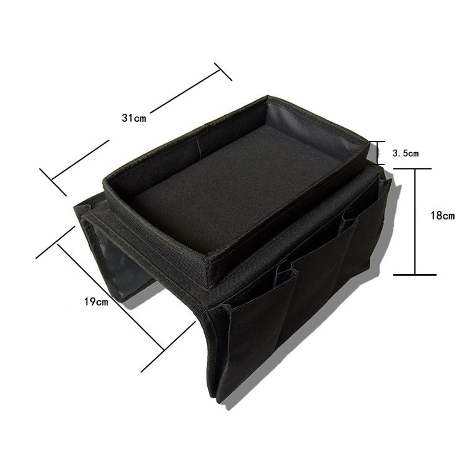 Organizador de apoio de braço preto com bandeja, suporte de copo e medidas 31x19x18 cm