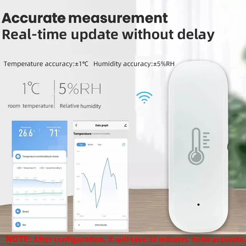 Sensor inteligente Tuya branco com medição precisa de temperatura e umidade em tempo real via app