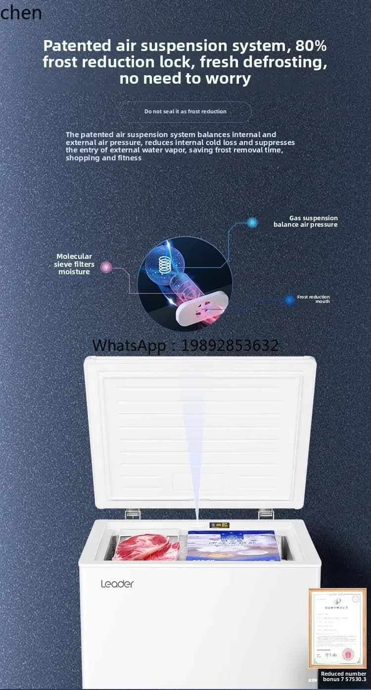 Freezer horizontal branco com porta aberta, sistema de suspensão de ar e redução de gelo, marca Leader