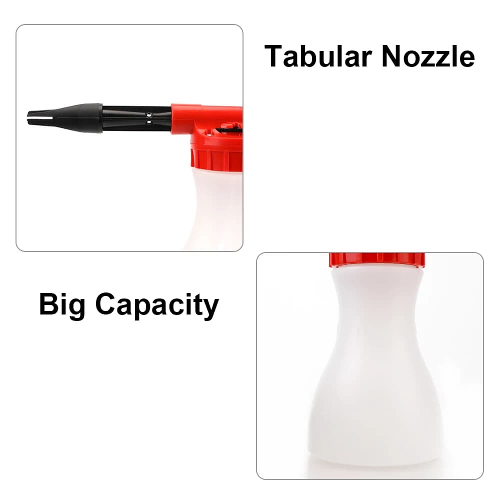 Detalhe do bico tubular preto e reservatório branco de 800ml da pistola de espuma automotiva