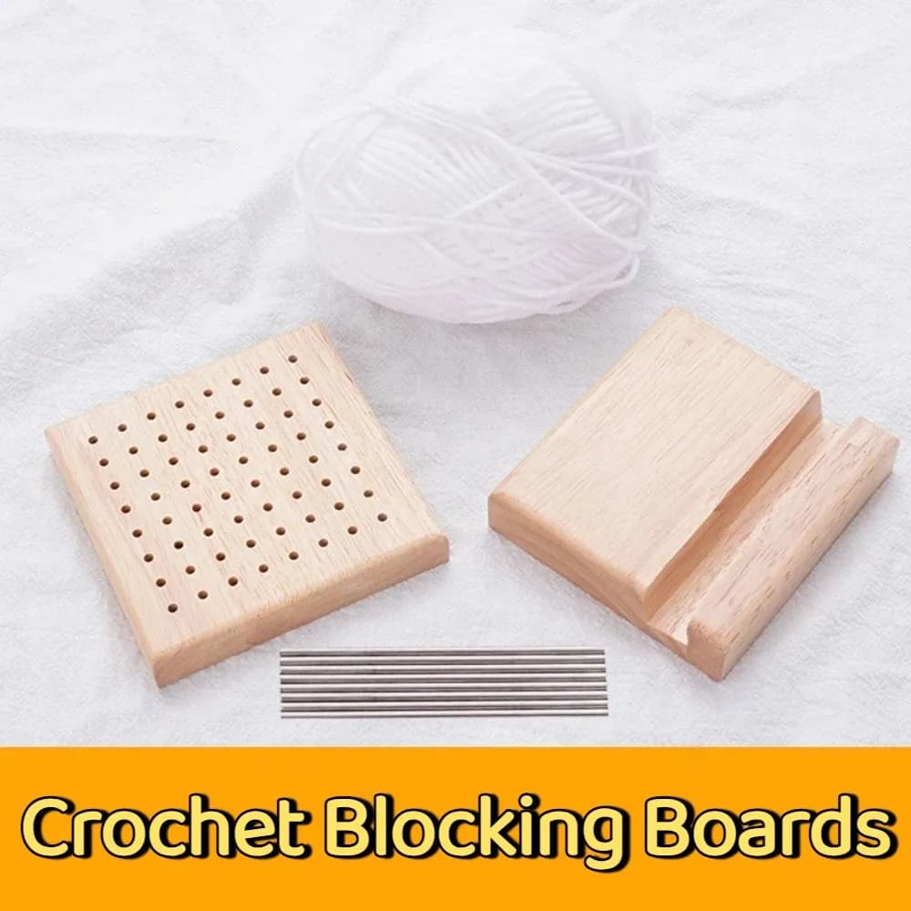 Placa de bloqueio para crochê DIY com base de madeira, pinos metálicos e novelo de linha branca
