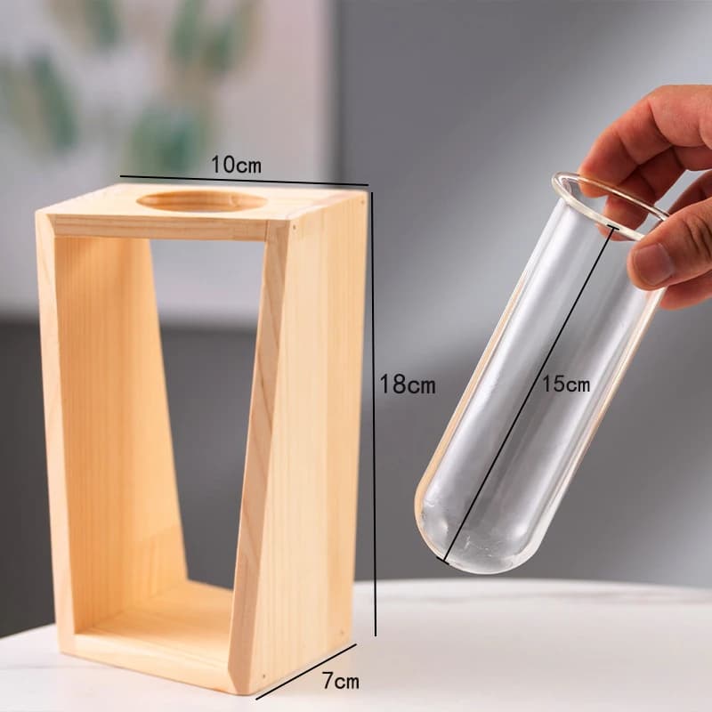 Dimensões do vaso hidropônico de madeira natural 18x10x7cm e tubo de vidro 15cm