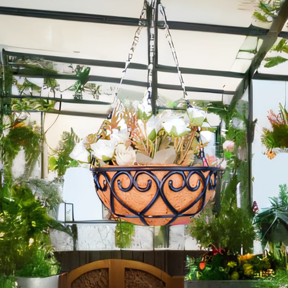 Vaso de flores suspenso Jácotei redondo ferro com base de fibra de coco marrom em ambiente interno com plantas
