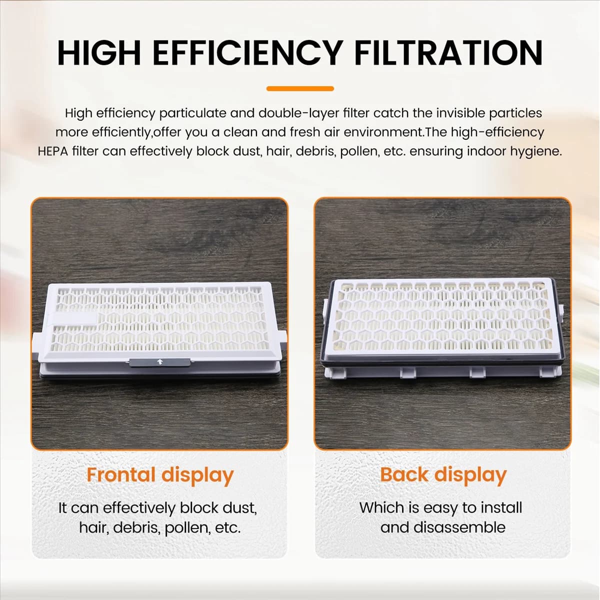 Filtro HEPA branco para aspirador Miele SF-HA50 Airclean 50, exibição frontal e traseira, bloqueia poeira, pólen e detritos