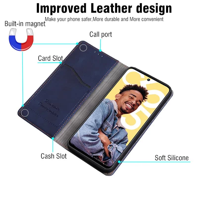 Capa carteira de couro azul para Samsung Galaxy com slots para cartão, dinheiro e ímã embutido