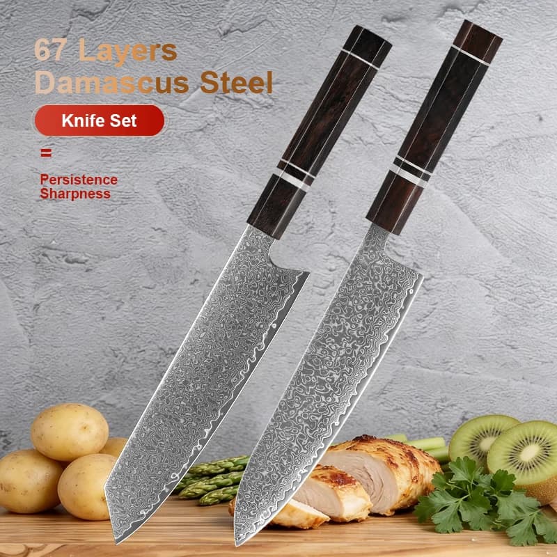 Conjunto de facas de cozinha com cabo de ébano e lâminas de aço damasco japonês