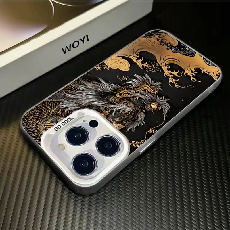 Capa para Xiaomi Redmi Note 14 com dragão dourado em preto chapeado e proteção para câmera, estilo elegante