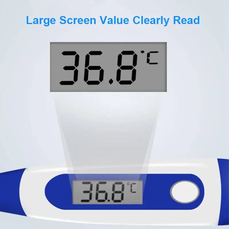 Termômetro digital clínico azul e branco com tela grande mostrando temperatura 36.8°C