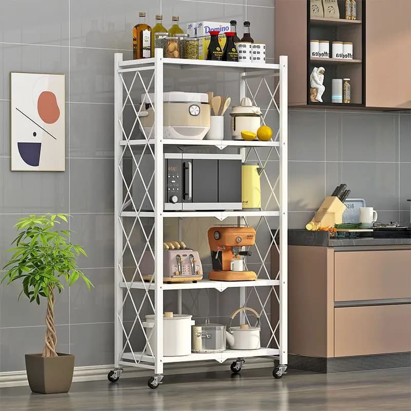 Estante multifuncional dobrável de metal preto com cinco prateleiras para cozinha