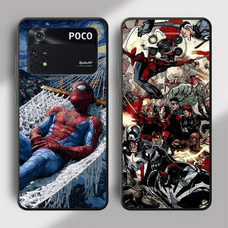 Capa para celular Xiaomi Poco com estampa do Homem-Aranha vermelho relaxando em rede