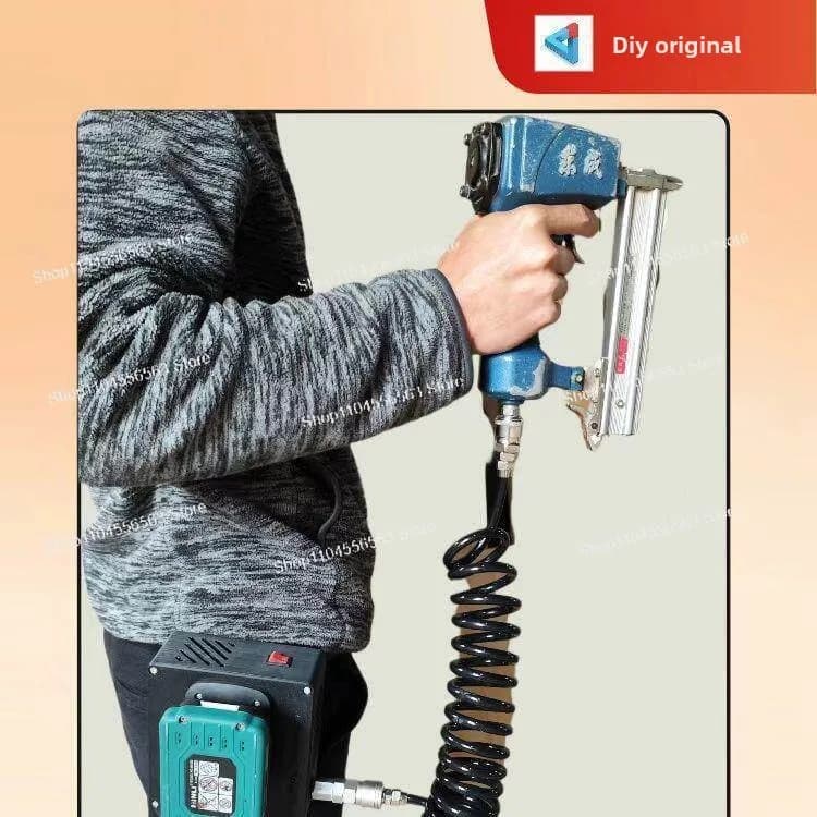 Apenas a Ferramenta (Sem Bateria) – Mini Compressor Portátil de Cilindro Duplo com Mangueira de Mola Preta de 3m para Marcenaria, Pregos e Pintura