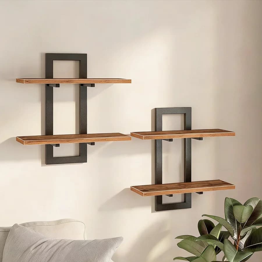 Prateleira de Armazenamento de Metal e Madeira de 2 Níveis Montada na Parede para Banheiro, Cozinha, Sala de Estar, Decoração de Casa, Suporte para Vasos de Flores