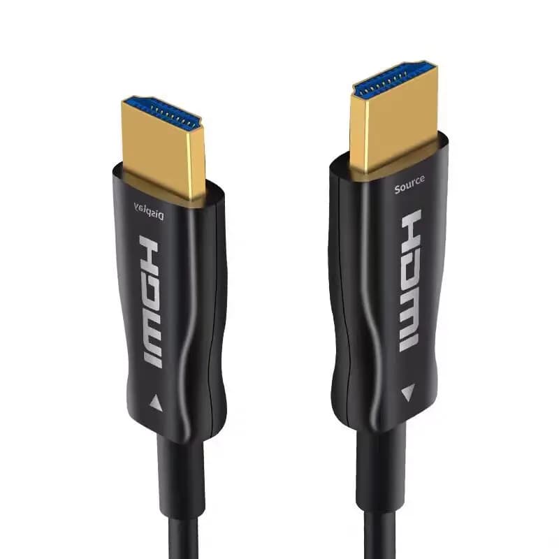 Cabo de fibra óptica HDMI 2.1 preto com conector dourado e prateado, fundo branco, marca HDMI visível.