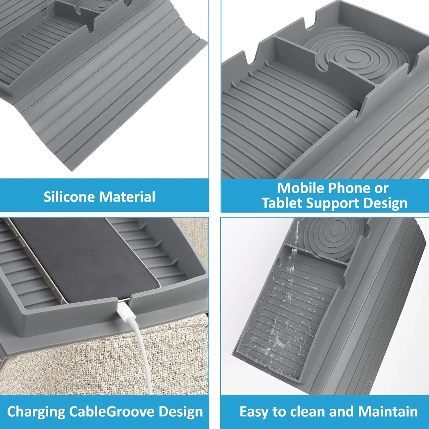 Bandeja organizadora cinza de silicone para braço de sofá com compartimentos e suporte para celular