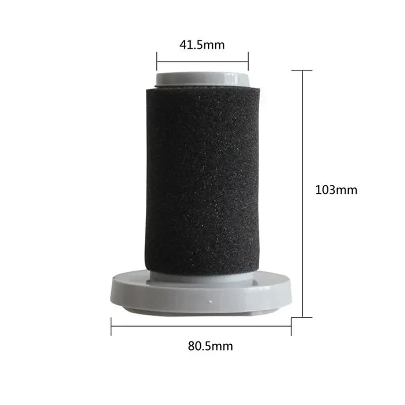 Dimensões do filtro para aspirador Deerma DX700/DX700S com espuma preta, 103mm altura e 80,5mm base cinza